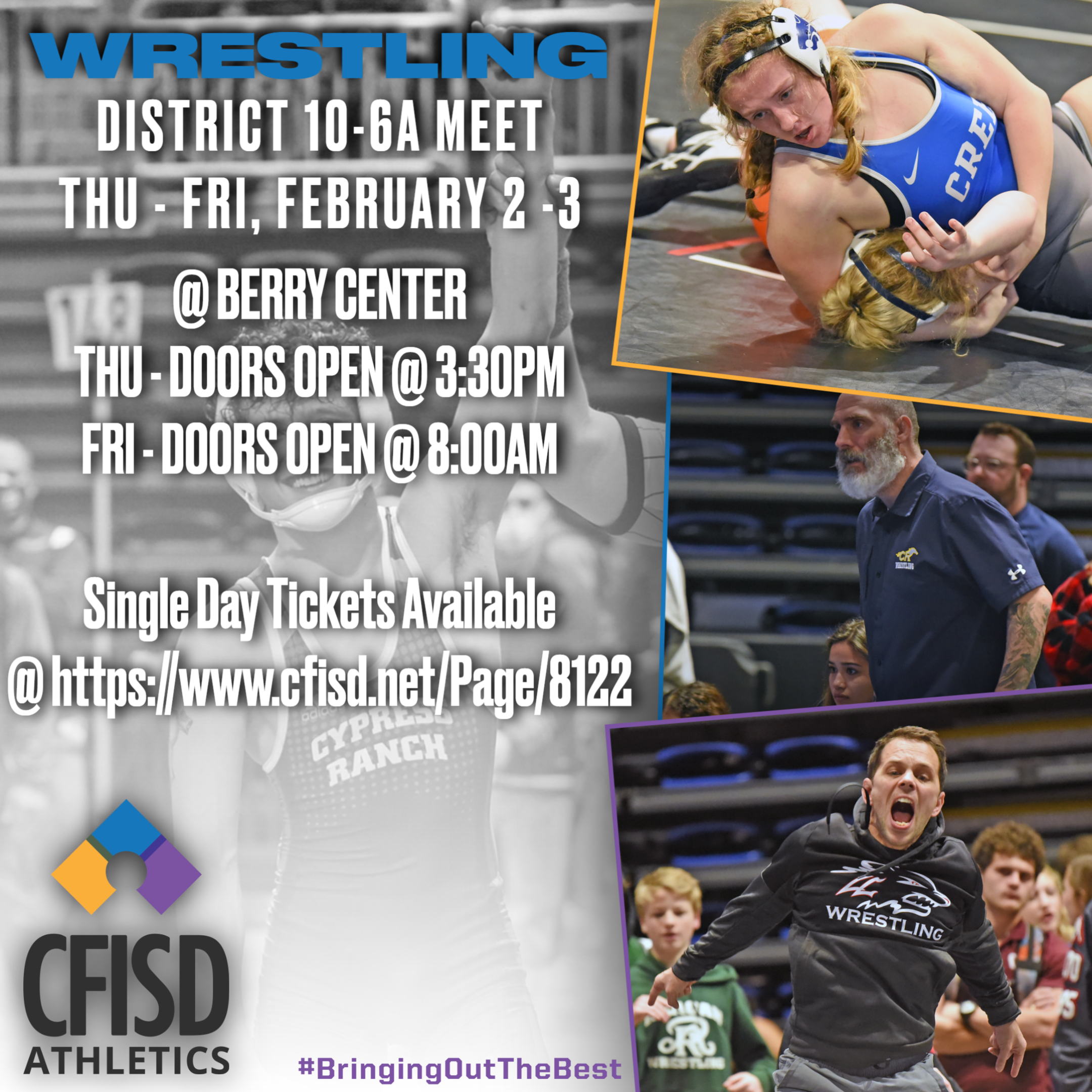 The 2023 District 10-6A Wrestling Tournament will be held at the Berry Center on February 2 & 3, 2023. Doors will open at 3:30 PM on Thursday, and matches are expected to run until 7:30 PM. On Friday, doors will open at 8:00 AM and remain open until the District Champions are announced.